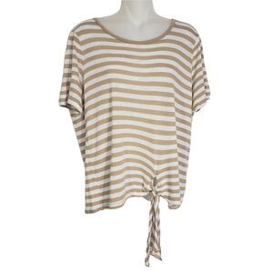 Michael Kors Women's Top Large Striped Linen Blend Beige Front Tie Short Sleeve